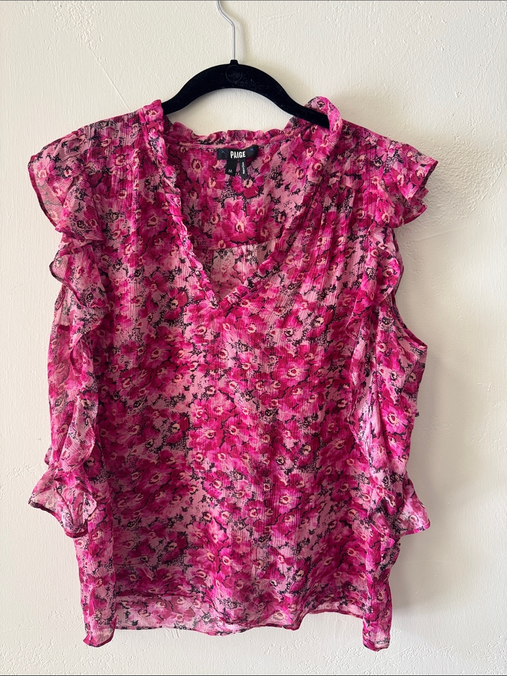 PAIGE Hot Pink Floral Ruffle V-Neck Sleeveless Top